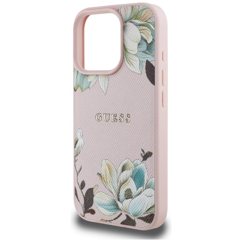Etui Guess Grained Printed Flower Pattern MagSafe do iPhone 16 Pro różowy